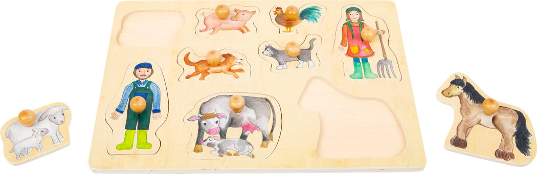 Piese puzzle lemn cu maner butoni animale domestice vaca porc cal.