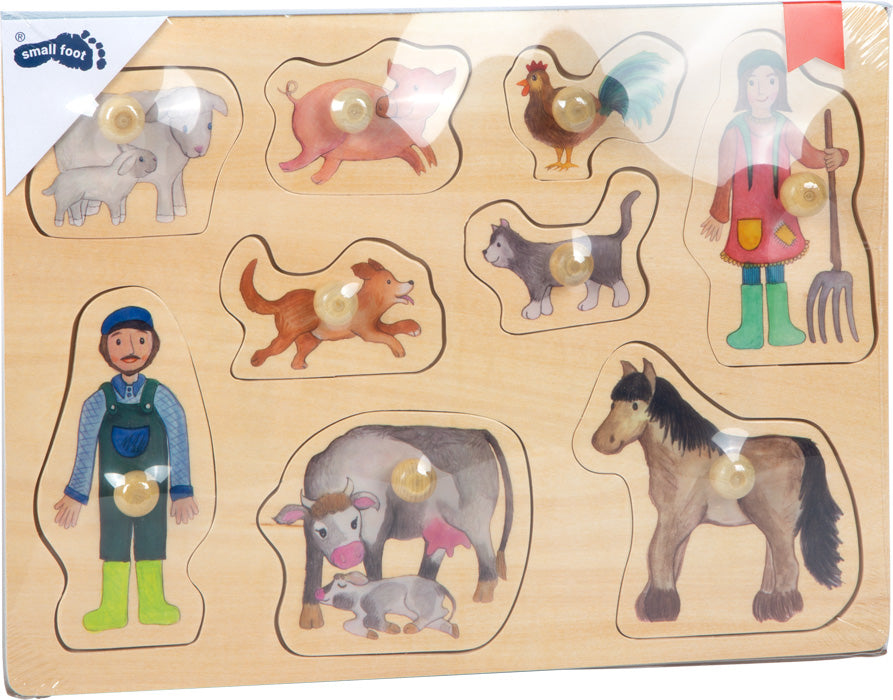 Puzzle Încastru din Lemn cu Butoni "Viața la Fermă" – Small Foot | Jucărie Educativă 1 An+