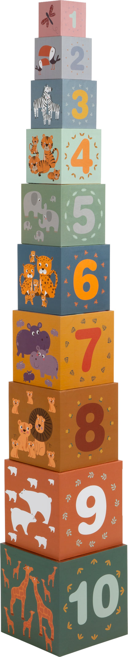 Turn de Stivuit din Carton - 10 Cuburi cu Animale și Cifre - Colecția Safari