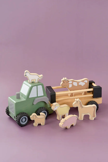 Tractor din Lemn cu Remorcă și Animale de Fermă - Jabadabado