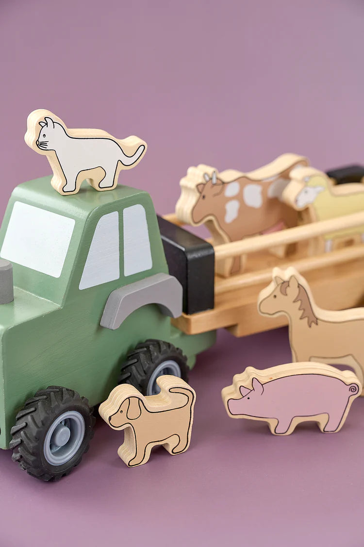 Tractor din Lemn cu Remorcă și Animale de Fermă - Jabadabado