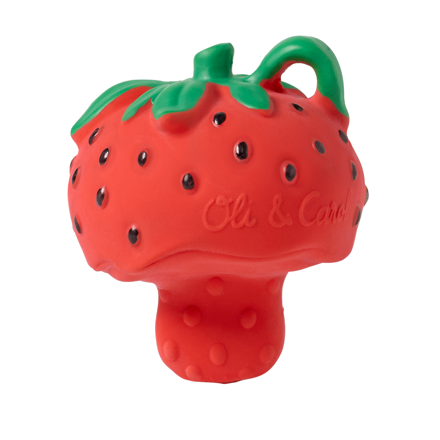 Jucărie dentiție căpșună Sweetie Oli & Carol din cauciuc natural pe fundal alb