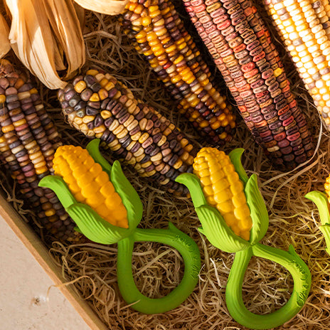 Detaliu textură porumb jucărie dentiție Oli & Carol fără mucegai